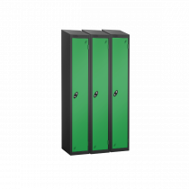 Nest of 3 Metal Storage Lockers | Single Door | 1780 x 305 x 305mm | Black Carcass | Green Door | Hasp & Staple Lock | Sloping Top | Probe