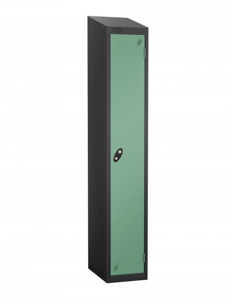 Single Metal Storage Locker | Single Door | 1780 x 305 x 380mm | Black Carcass | Jade Door | Hasp & Staple Lock | Sloping Top | Probe