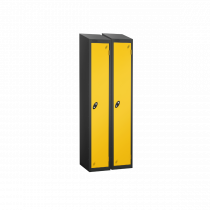 Nest of 2 Metal Storage Lockers | Single Door | 1780 x 305 x 460mm | Black Carcass | Yellow Door | Hasp & Staple Lock | Sloping Top | Probe