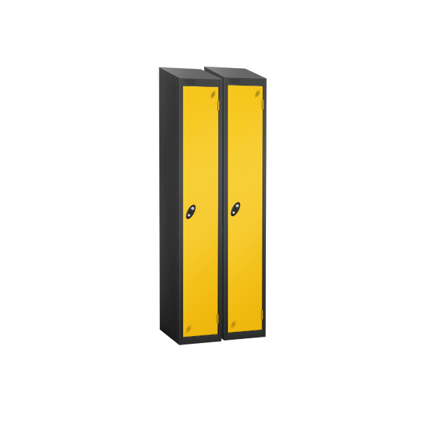 Nest of 2 Metal Storage Lockers | Single Door | 1780 x 305 x 460mm | Black Carcass | Yellow Door | Hasp & Staple Lock | Sloping Top | Probe