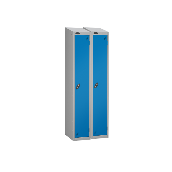 Nest of 2 Metal Storage Lockers | Single Door | 1780 x 305 x 460mm | Silver Carcass | Blue Door | Hasp & Staple Lock | Sloping Top | Probe