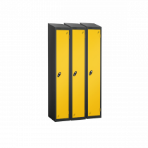 Nest of 3 Metal Storage Lockers | Single Door | 1780 x 305 x 460mm | Black Carcass | Yellow Door | Hasp & Staple Lock | Sloping Top | Probe