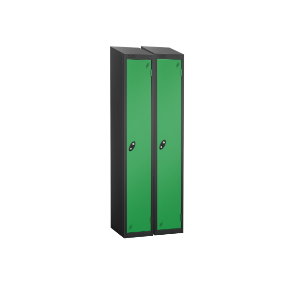 Nest of 2 Metal Storage Lockers | Single Door | 1780 x 380 x 460mm | Black Carcass | Green Door | Hasp & Staple Lock | Sloping Top | Probe