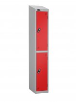 Single Metal Storage Locker | 2 Doors | 1780 x 305 x 305mm | Silver Carcass | Red Door | Hasp & Staple Lock | Sloping Top | Probe