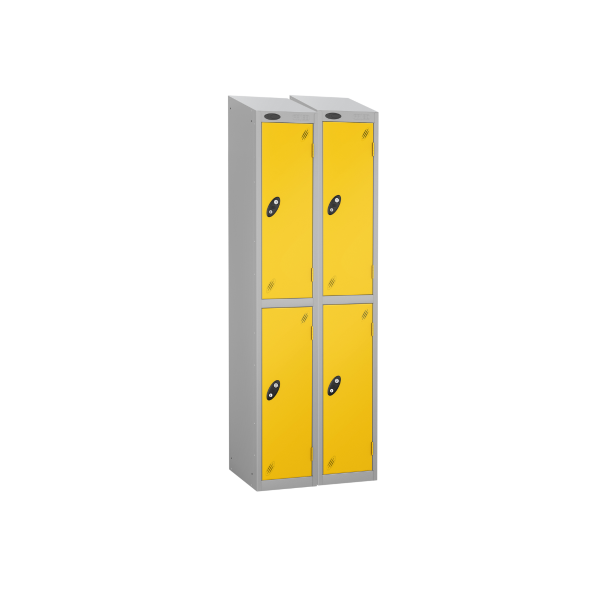 Nest of 2 Metal Storage Lockers | 2 Doors | 1780 x 305 x 305mm | Silver Carcass | Yellow Door | Hasp & Staple Lock | Sloping Top | Probe