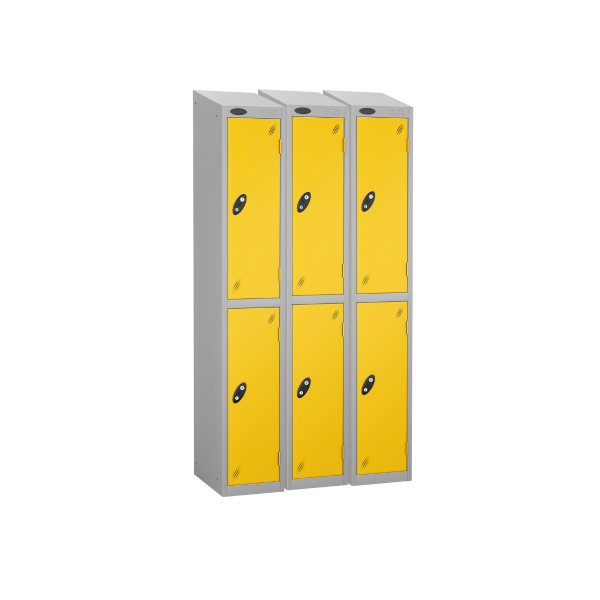 Nest of 3 Metal Storage Lockers | 2 Doors | 1780 x 305 x 305mm | Silver Carcass | Yellow Door | Hasp & Staple Lock | Sloping Top | Probe