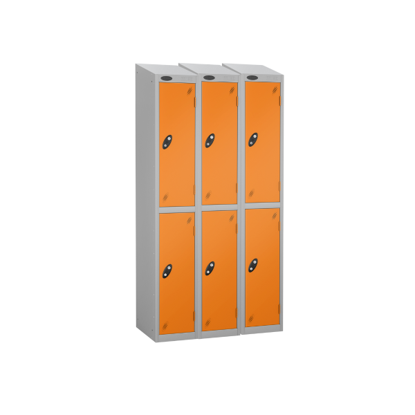 Nest of 3 Metal Storage Lockers | 2 Doors | 1780 x 305 x 305mm | Silver Carcass | Orange Door | Hasp & Staple Lock | Sloping Top | Probe