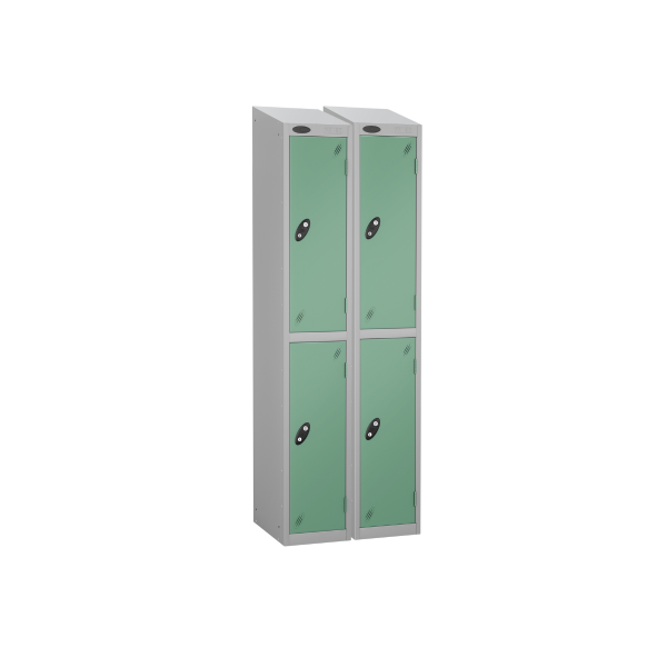 Nest of 2 Metal Storage Lockers | 2 Doors | 1780 x 305 x 380mm | Silver Carcass | Jade Door | Hasp & Staple Lock | Sloping Top | Probe