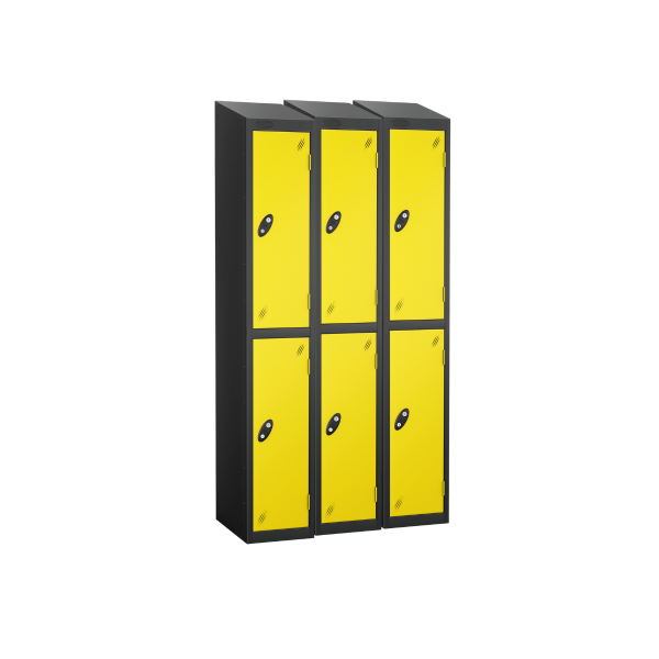 Nest of 3 Metal Storage Lockers | 2 Doors | 1780 x 305 x 380mm | Black Carcass | Lemon Door | Hasp & Staple Lock | Sloping Top | Probe