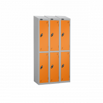 Nest of 3 Metal Storage Lockers | 2 Doors | 1780 x 305 x 380mm | Silver Carcass | Orange Door | Hasp & Staple Lock | Sloping Top | Probe