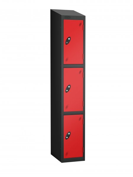 Single Metal Storage Locker | 3 Doors | 1780 x 305 x 305mm | Black Carcass | Red Door | Hasp & Staple Lock | Sloping Top | Probe