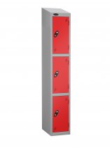 Single Metal Storage Locker | 3 Doors | 1780 x 305 x 305mm | Silver Carcass | Red Door | Hasp & Staple Lock | Sloping Top | Probe