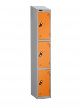 Single Metal Storage Locker | 3 Doors | 1780 x 305 x 305mm | Silver Carcass | Orange Door | Hasp & Staple Lock | Sloping Top | Probe