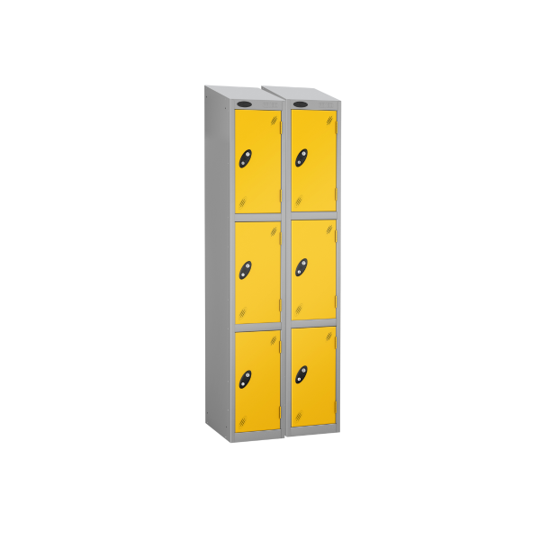 Nest of 2 Metal Storage Lockers | 3 Doors | 1780 x 305 x 305mm | Silver Carcass | Yellow Door | Hasp & Staple Lock | Sloping Top | Probe