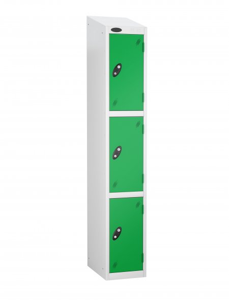 Single Metal Storage Locker | 3 Doors | 1780 x 305 x 380mm | White Carcass | Green Door | Hasp & Staple Lock | Sloping Top | Probe