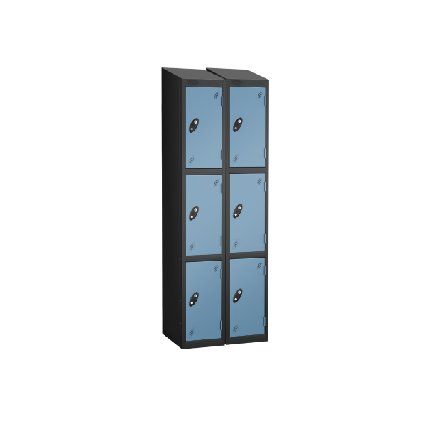 Nest of 2 Metal Storage Lockers | 3 Doors | 1780 x 305 x 380mm | Black Carcass | Ocean Door | Hasp & Staple Lock | Sloping Top | Probe