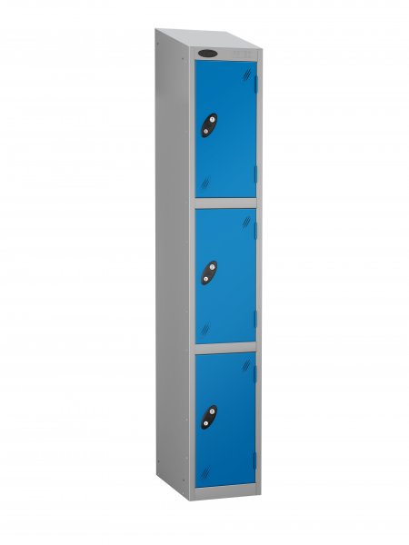 Single Metal Storage Locker | 3 Doors | 1780 x 305 x 460mm | Silver Carcass | Blue Door | Hasp & Staple Lock | Sloping Top | Probe