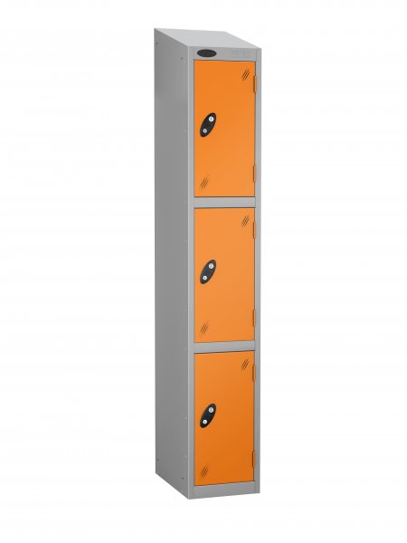 Single Metal Storage Locker | 3 Doors | 1780 x 305 x 460mm | Silver Carcass | Orange Door | Hasp & Staple Lock | Sloping Top | Probe