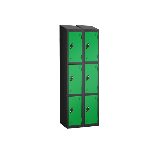 Nest of 2 Metal Storage Lockers | 3 Doors | 1780 x 305 x 460mm | Black Carcass | Green Door | Hasp & Staple Lock | Sloping Top | Probe