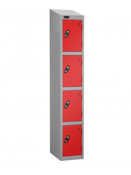 Single Metal Storage Locker | 4 Doors | 1780 x 305 x 305mm | Silver Carcass | Red Door | Hasp & Staple Lock | Sloping Top | Probe