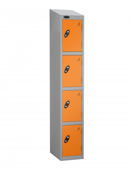 Single Metal Storage Locker | 4 Doors | 1780 x 305 x 305mm | Silver Carcass | Orange Door | Hasp & Staple Lock | Sloping Top | Probe