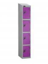 Single Metal Storage Locker | 4 Doors | 1780 x 305 x 305mm | Silver Carcass | Lilac Door | Hasp & Staple Lock | Sloping Top | Probe