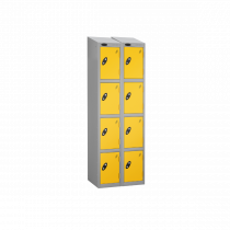 Nest of 2 Metal Storage Lockers | 4 Doors | 1780 x 305 x 305mm | Silver Carcass | Yellow Door | Hasp & Staple Lock | Sloping Top | Probe