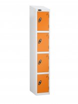 Single Metal Storage Locker | 4 Doors | 1780 x 305 x 380mm | White Carcass | Orange Door | Hasp & Staple Lock | Sloping Top | Probe