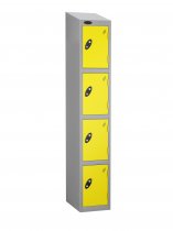 Single Metal Storage Locker | 4 Doors | 1780 x 305 x 380mm | Silver Carcass | Lemon Door | Hasp & Staple Lock | Sloping Top | Probe