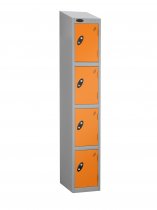 Single Metal Storage Locker | 4 Doors | 1780 x 305 x 460mm | Silver Carcass | Orange Door | Hasp & Staple Lock | Sloping Top | Probe