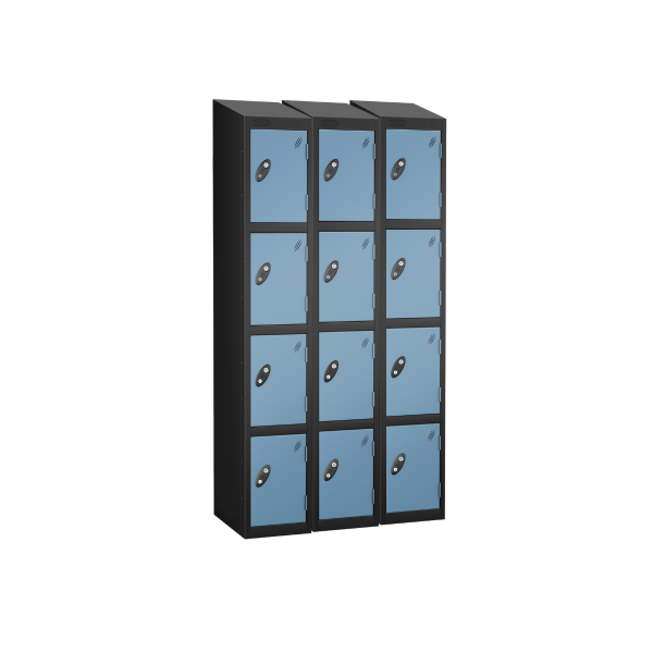 Nest of 3 Metal Storage Lockers | 4 Doors | 1780 x 305 x 460mm | Black Carcass | Ocean Door | Hasp & Staple Lock | Sloping Top | Probe