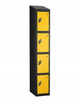 Single Metal Storage Locker | 4 Doors | 1780 x 380 x 380mm | Black Carcass | Yellow Door | Hasp & Staple Lock | Sloping Top | Probe