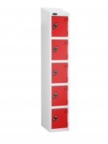 Single Metal Storage Locker | 5 Doors | 1780 x 305 x 305mm | White Carcass | Red Door | Hasp & Staple Lock | Sloping Top | Probe