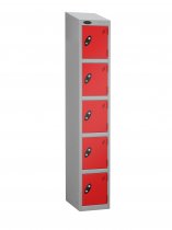 Single Metal Storage Locker | 5 Doors | 1780 x 305 x 305mm | Silver Carcass | Red Door | Hasp & Staple Lock | Sloping Top | Probe