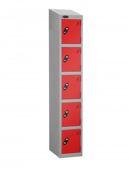 Single Metal Storage Locker | 5 Doors | 1780 x 305 x 305mm | Silver Carcass | Red Door | Hasp & Staple Lock | Sloping Top | Probe