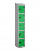 Single Metal Storage Locker | 5 Doors | 1780 x 305 x 305mm | Silver Carcass | Green Door | Hasp & Staple Lock | Sloping Top | Probe