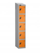 Single Metal Storage Locker | 5 Doors | 1780 x 305 x 305mm | Silver Carcass | Orange Door | Hasp & Staple Lock | Sloping Top | Probe