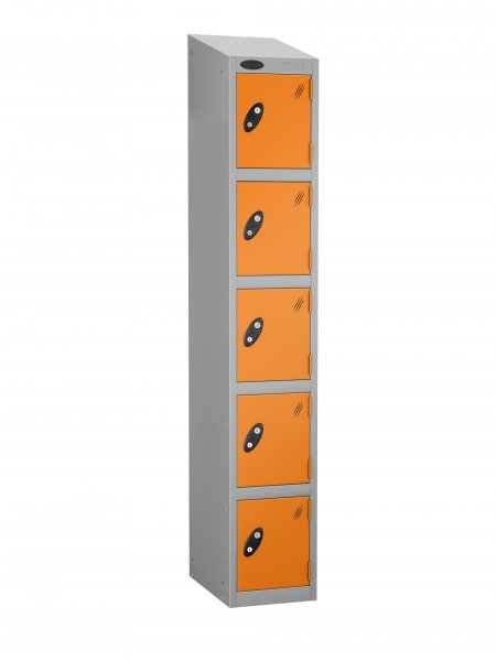 Single Metal Storage Locker | 5 Doors | 1780 x 305 x 305mm | Silver Carcass | Orange Door | Hasp & Staple Lock | Sloping Top | Probe