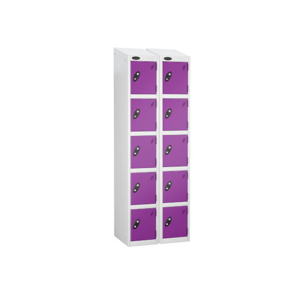 Nest of 2 Metal Storage Lockers | 5 Doors | 1780 x 305 x 305mm | White Carcass | Lilac Door | Hasp & Staple Lock | Sloping Top | Probe