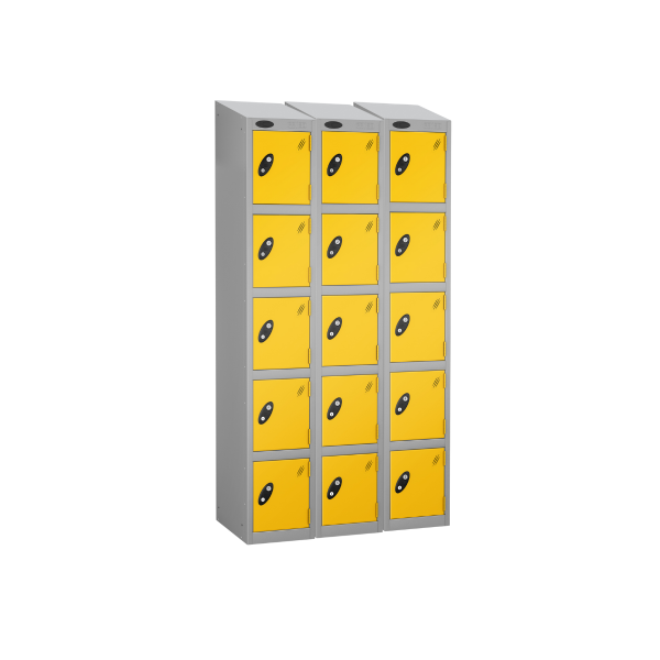 Nest of 3 Metal Storage Lockers | 5 Doors | 1780 x 305 x 305mm | Silver Carcass | Yellow Door | Hasp & Staple Lock | Sloping Top | Probe