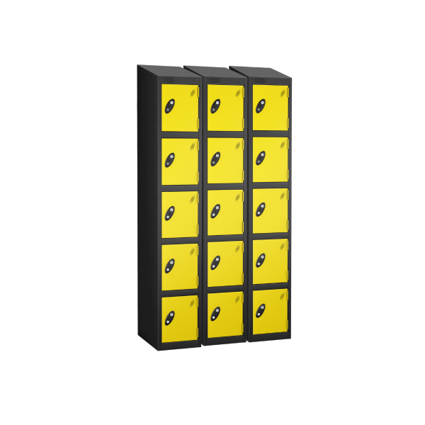 Nest of 3 Metal Storage Lockers | 5 Doors | 1780 x 305 x 380mm | Black Carcass | Lemon Door | Hasp & Staple Lock | Sloping Top | Probe