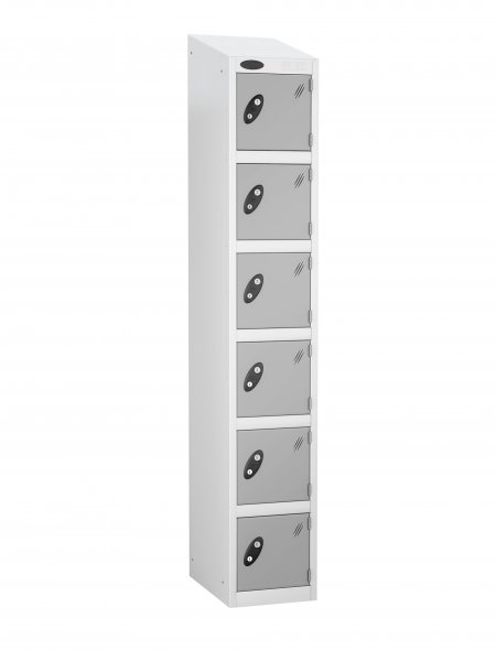 Single Metal Storage Locker | 6 Doors | 1780 x 305 x 305mm | White Carcass | Silver Door | Hasp & Staple Lock | Sloping Top | Probe