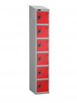 Single Metal Storage Locker | 6 Doors | 1780 x 305 x 305mm | Silver Carcass | Red Door | Hasp & Staple Lock | Sloping Top | Probe