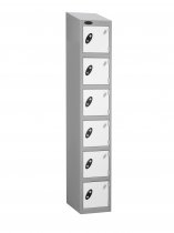 Single Metal Storage Locker | 6 Doors | 1780 x 305 x 305mm | Silver Carcass | White Door | Hasp & Staple Lock | Sloping Top | Probe