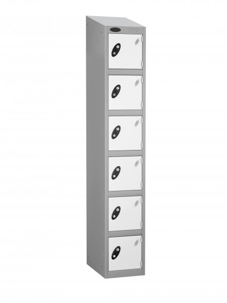 Single Metal Storage Locker | 6 Doors | 1780 x 305 x 305mm | Silver Carcass | White Door | Hasp & Staple Lock | Sloping Top | Probe