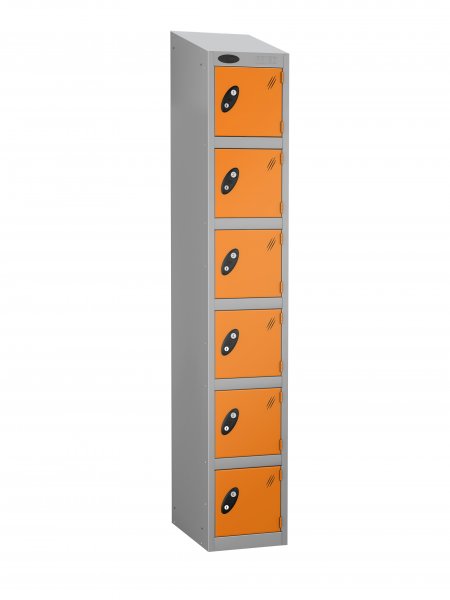 Single Metal Storage Locker | 6 Doors | 1780 x 305 x 305mm | Silver Carcass | Orange Door | Hasp & Staple Lock | Sloping Top | Probe