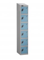 Single Metal Storage Locker | 6 Doors | 1780 x 305 x 305mm | Silver Carcass | Ocean Door | Hasp & Staple Lock | Sloping Top | Probe