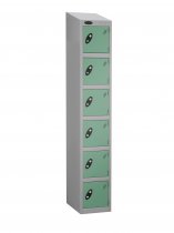 Single Metal Storage Locker | 6 Doors | 1780 x 305 x 305mm | Silver Carcass | Jade Door | Hasp & Staple Lock | Sloping Top | Probe