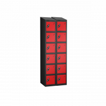 Nest of 2 Metal Storage Lockers | 6 Doors | 1780 x 305 x 305mm | Black Carcass | Red Door | Hasp & Staple Lock | Sloping Top | Probe