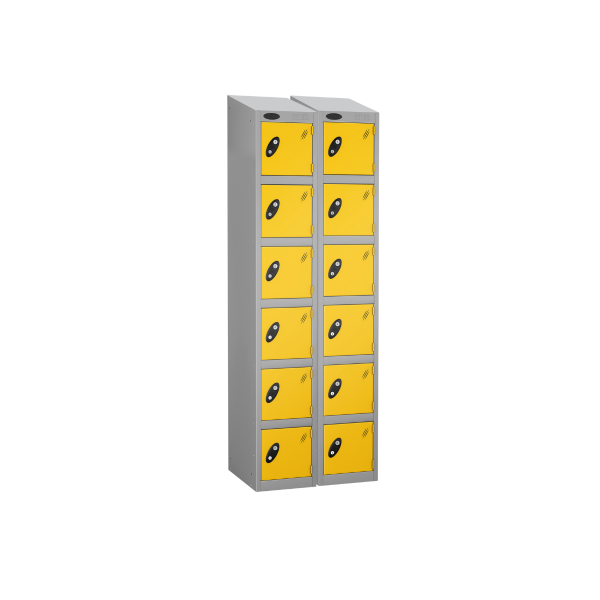 Nest of 2 Metal Storage Lockers | 6 Doors | 1780 x 305 x 305mm | Silver Carcass | Yellow Door | Hasp & Staple Lock | Sloping Top | Probe